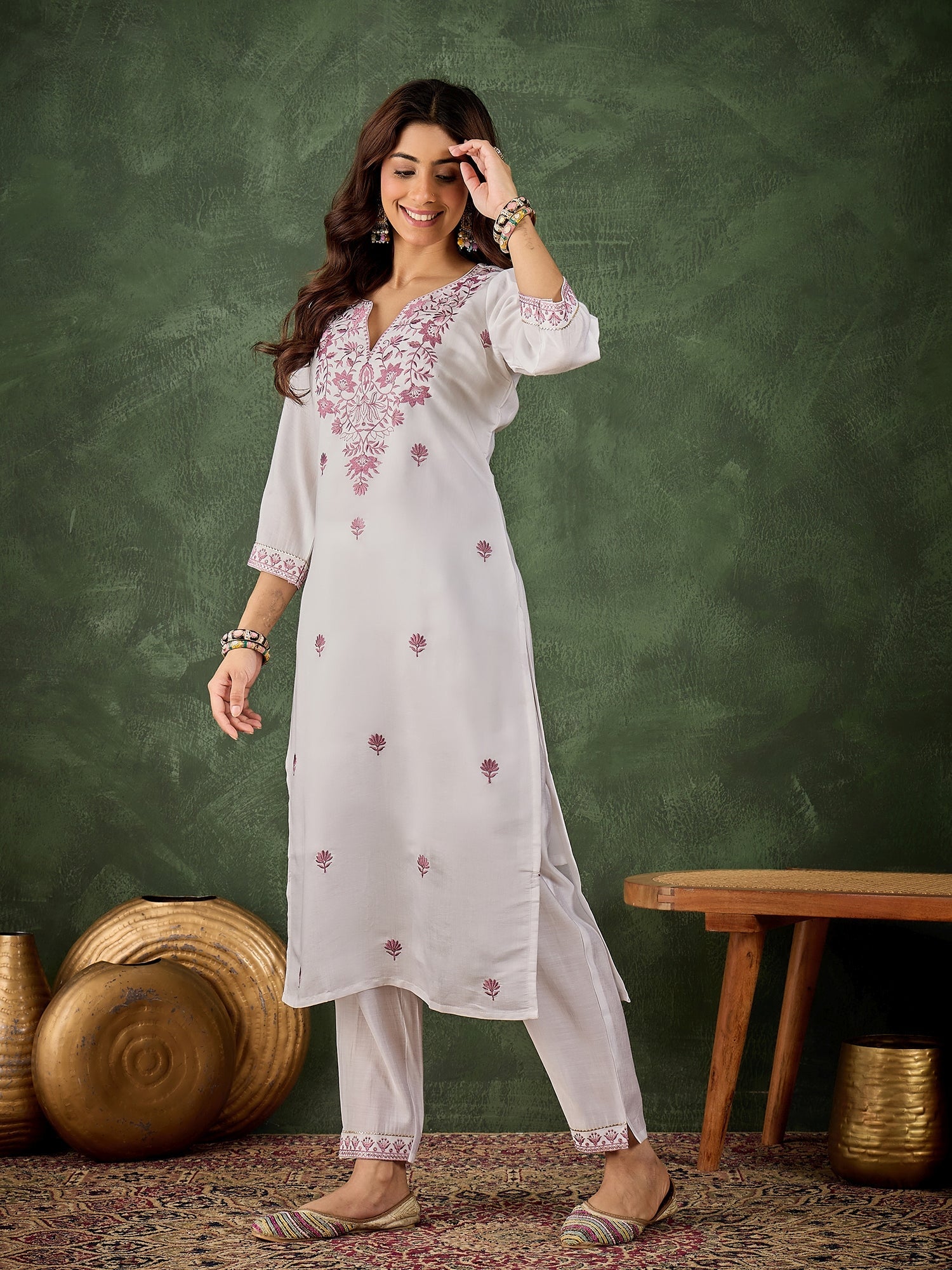Rutu Women's Silk Blend Embroidered Straight Kurta & Pant Set - FitVibe Fashion