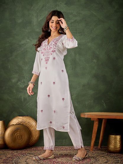 Rutu Women's Silk Blend Embroidered Straight Kurta & Pant Set - FitVibe Fashion