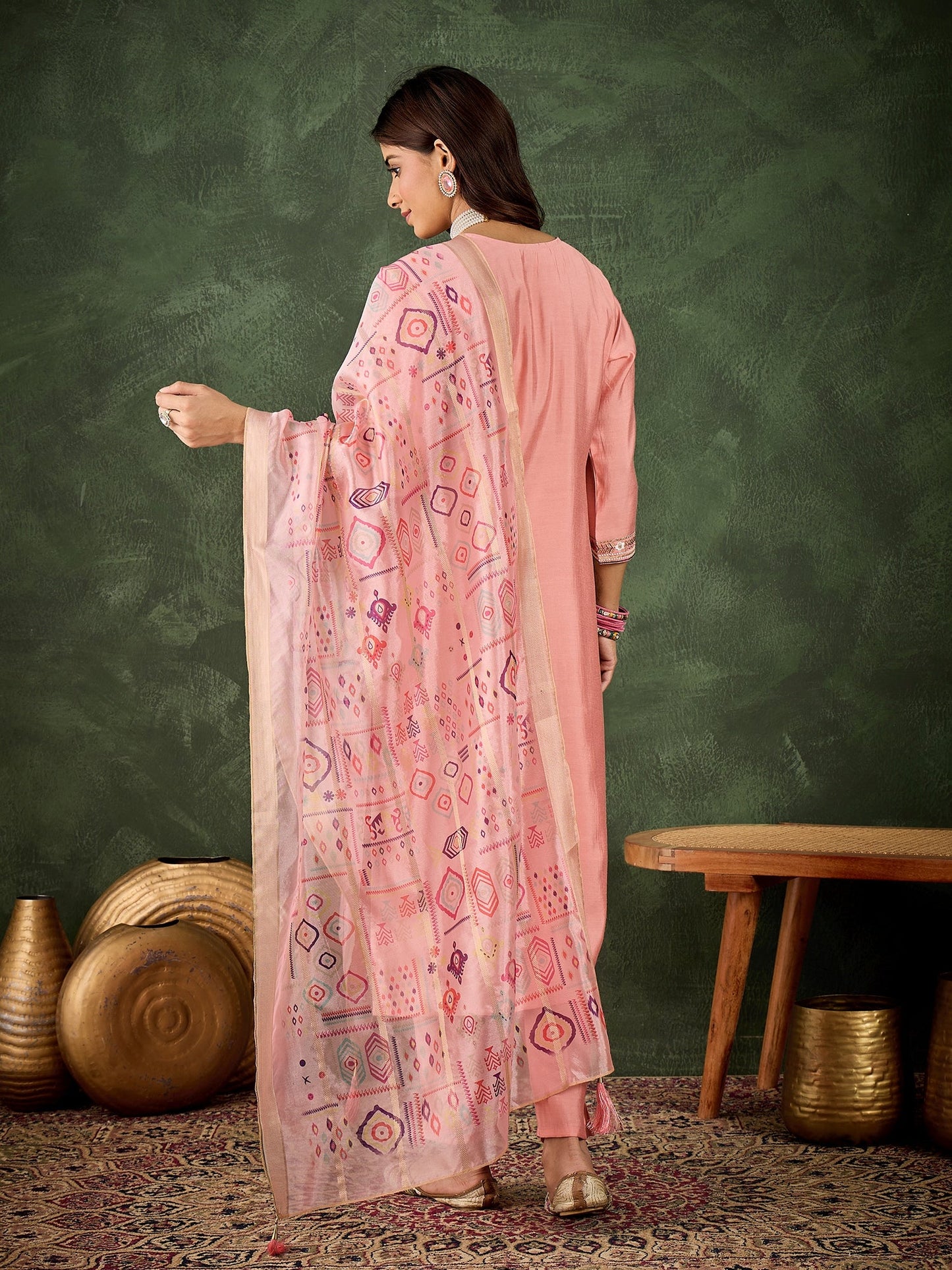 Vasant Women's Embroidered Pink Silk Blend Straight Suit Set with Dupatta - FitVibe Fashion