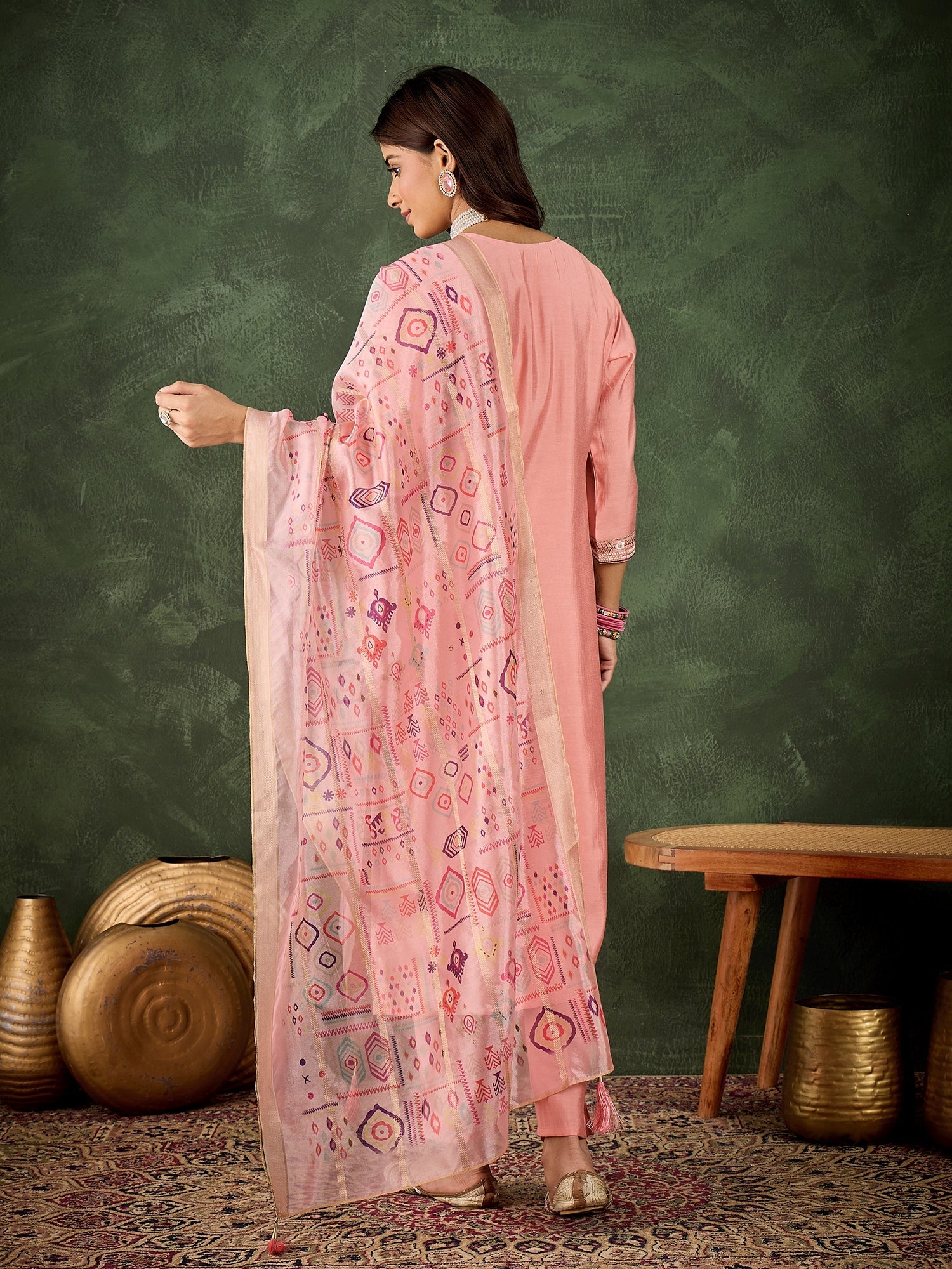 Vasant Women's Embroidered Pink Silk Blend Straight Suit Set with Dupatta - FitVibe Fashion