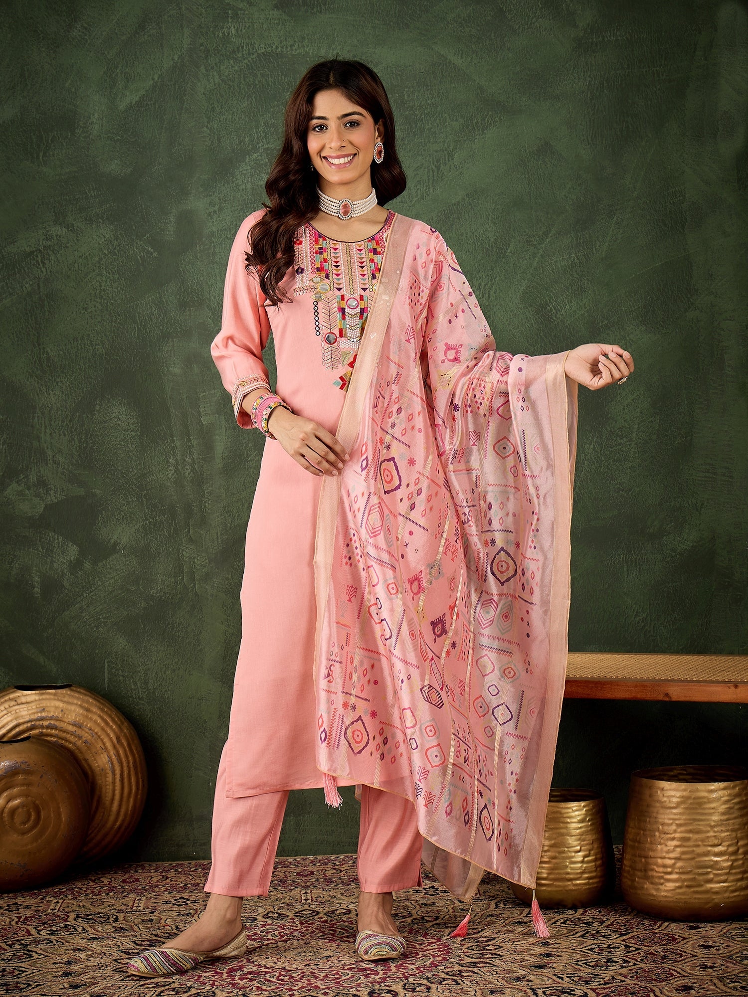 Vasant Women's Embroidered Pink Silk Blend Straight Suit Set with Dupatta - FitVibe Fashion