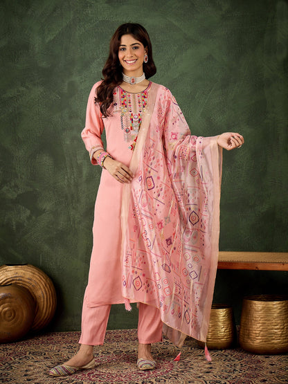 Vasant Women's Embroidered Pink Silk Blend Straight Suit Set with Dupatta - FitVibe Fashion