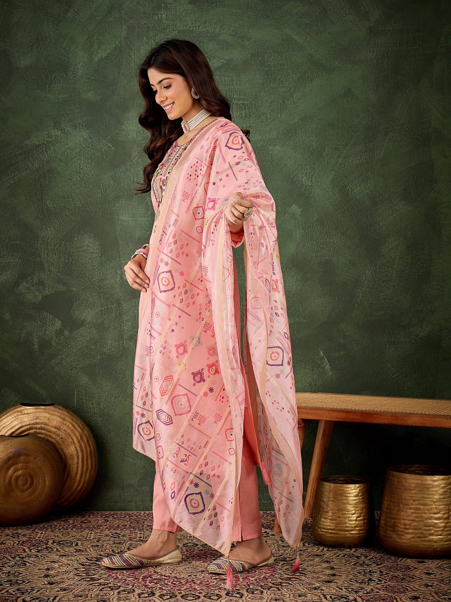 Vasant Women's Embroidered Pink Silk Blend Straight Suit Set with Dupatta - FitVibe Fashion