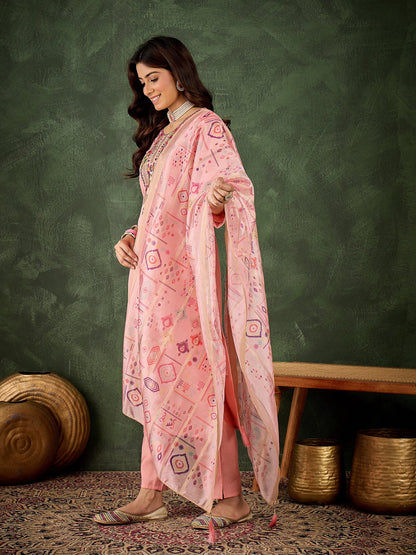 Vasant Women's Embroidered Pink Silk Blend Straight Suit Set with Dupatta - FitVibe Fashion