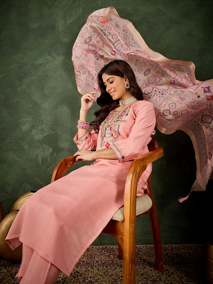 Vasant Women's Embroidered Pink Silk Blend Straight Suit Set with Dupatta - FitVibe Fashion