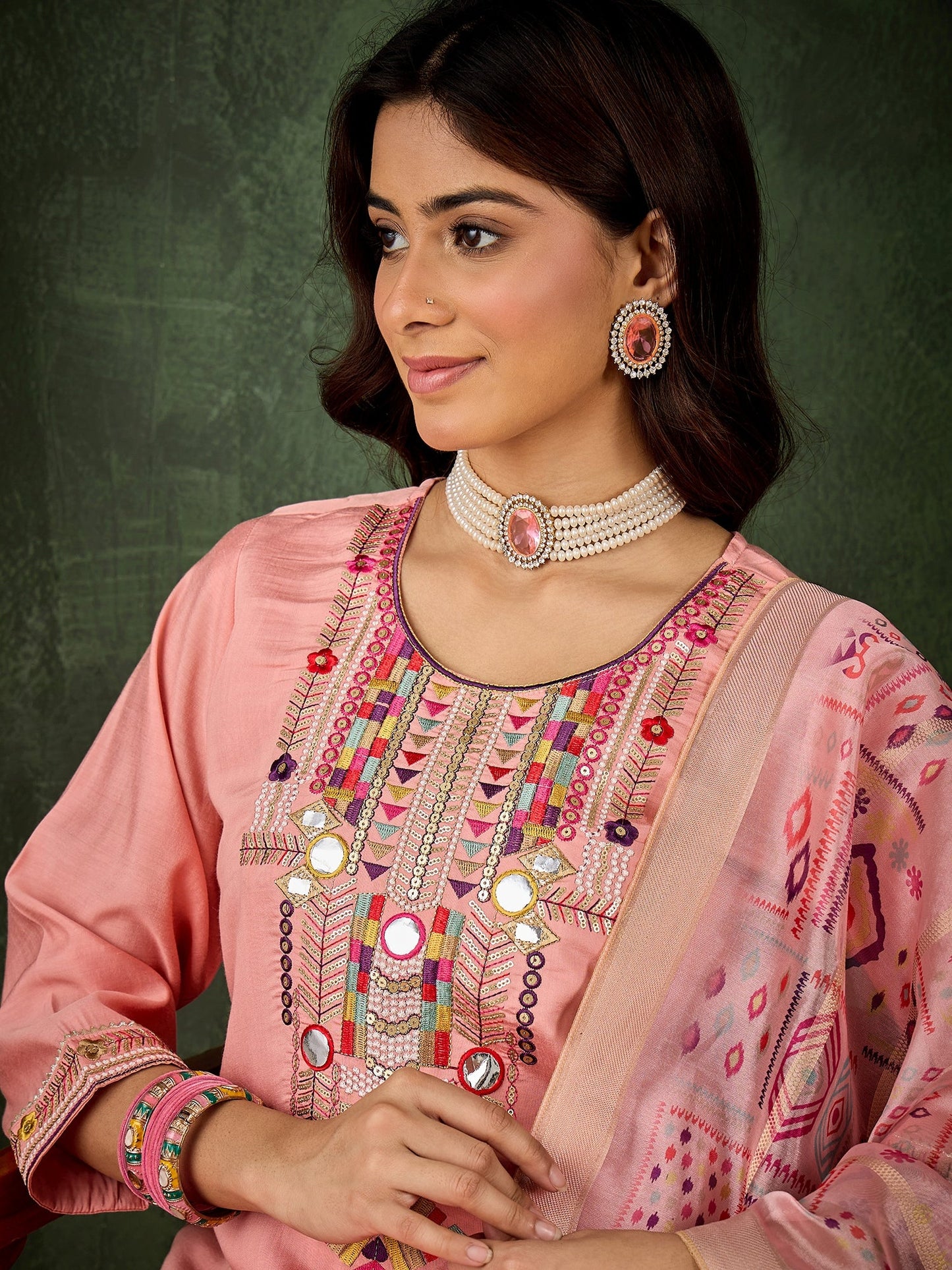 Vasant Women's Embroidered Pink Silk Blend Straight Suit Set with Dupatta - FitVibe Fashion