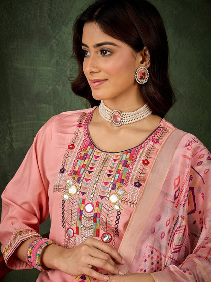 Vasant Women's Embroidered Pink Silk Blend Straight Suit Set with Dupatta - FitVibe Fashion