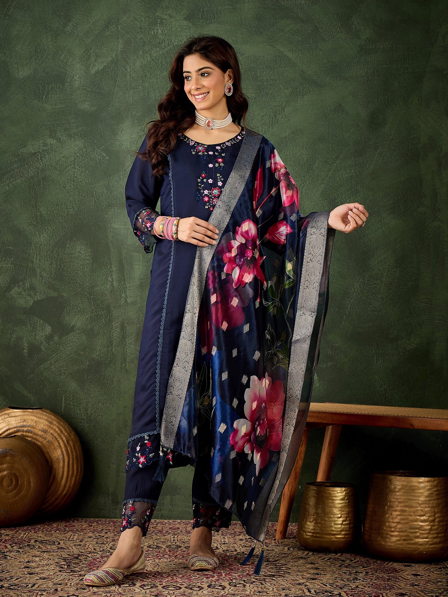 Devanshi Viscose Roman Silk Calf Length Kurta Set Dupatta - FitVibe Fashion