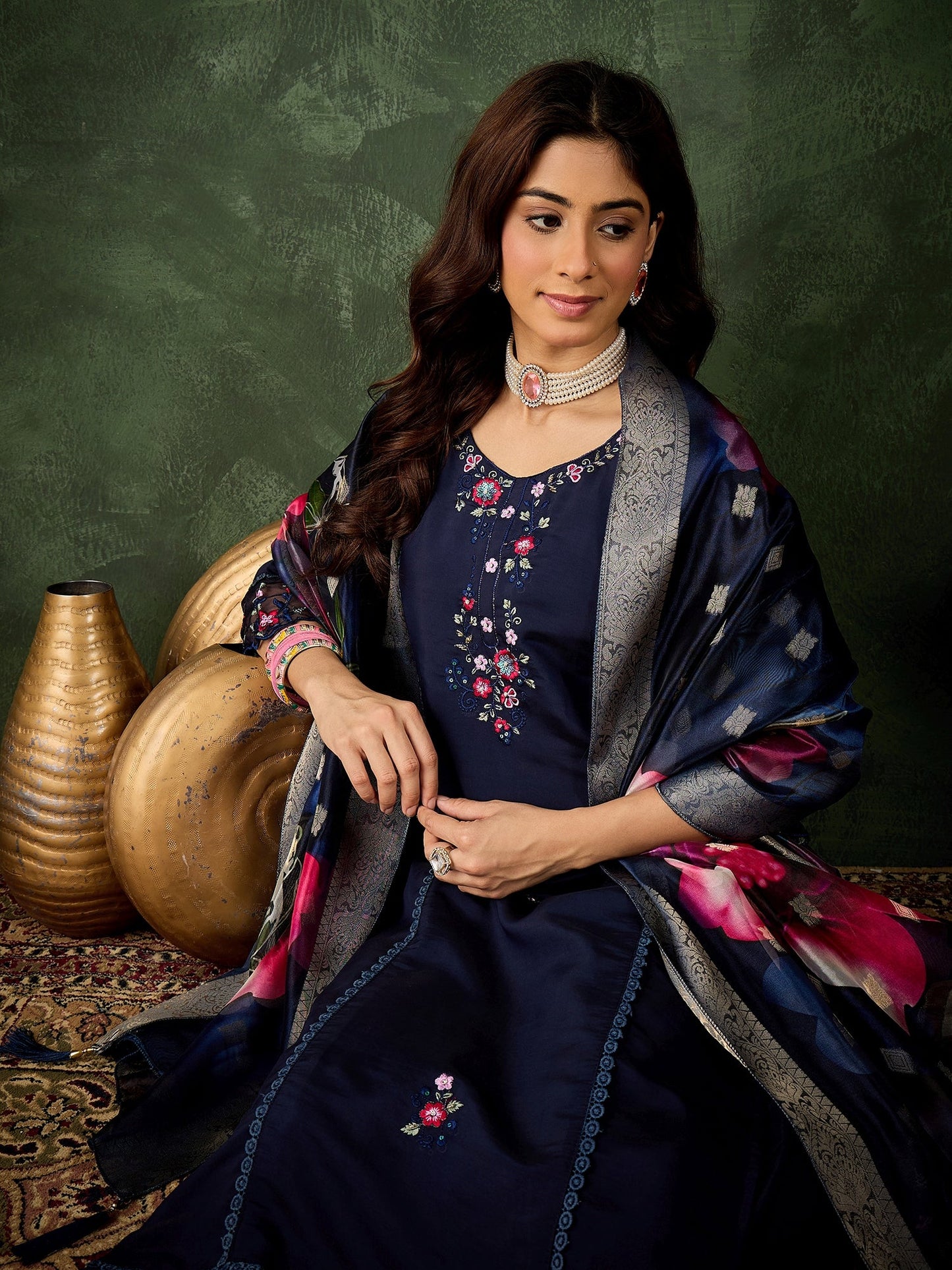 Devanshi Viscose Roman Silk Calf Length Kurta Set Dupatta - FitVibe Fashion