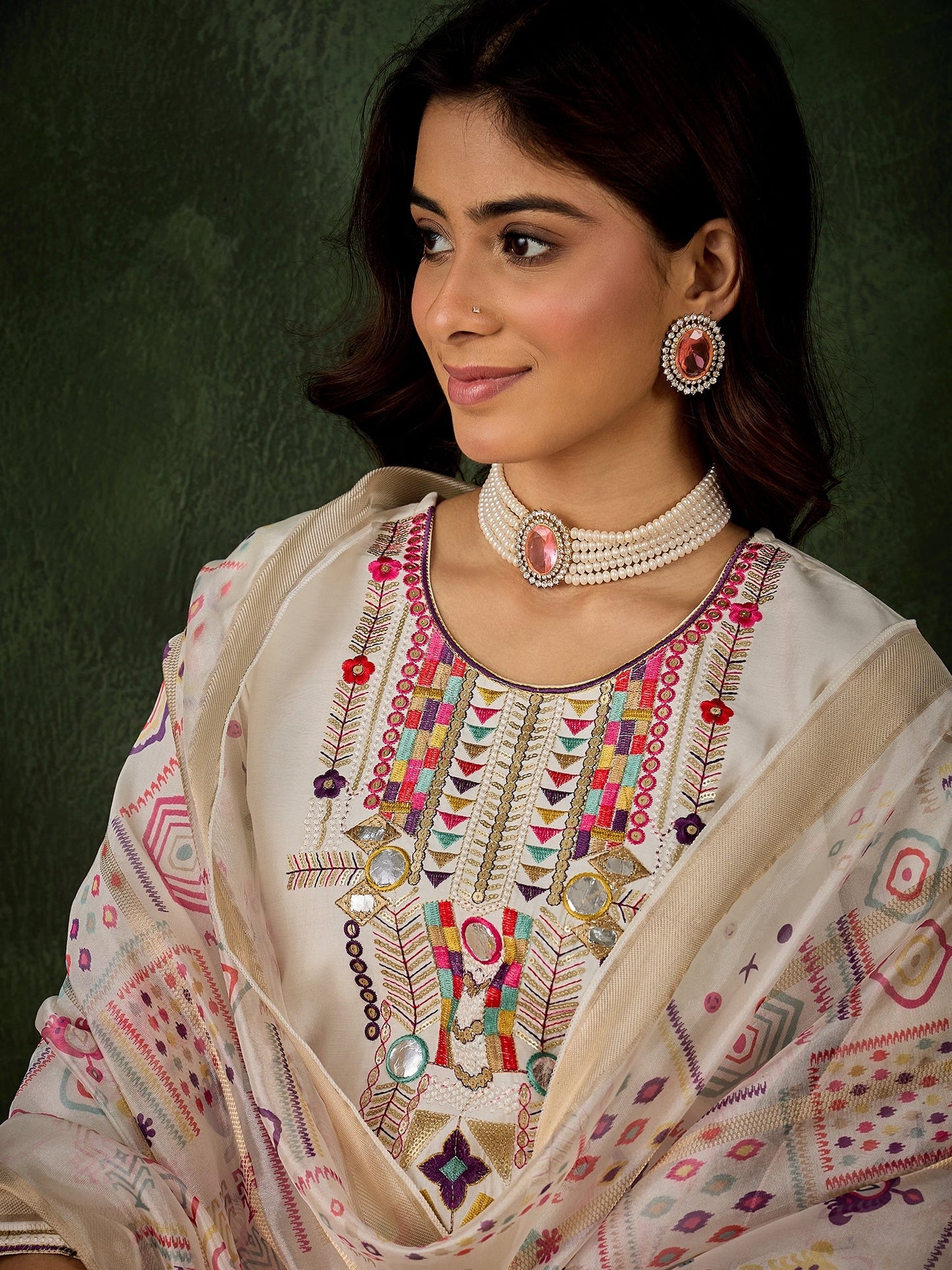 Vasant Women's Embroidered White Silk Blend Straight Suit Set with Dupatta - FitVibe Fashion