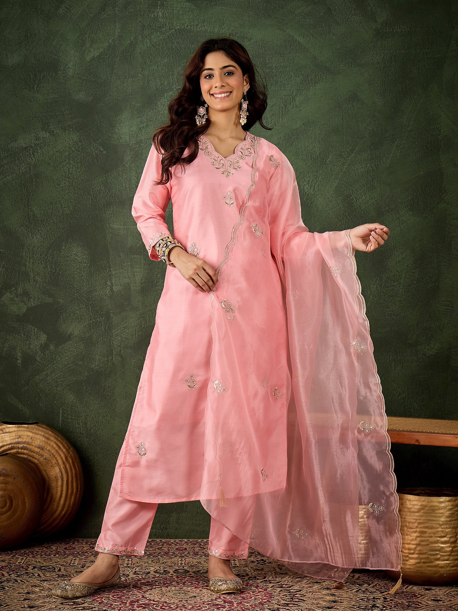 Riwaayat Women Kurta and Pant Dupatta Sets Silk Blend Fabrics with Embroidery - FitVibe Fashion