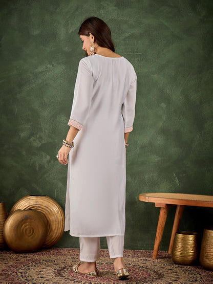 Rutu Women's Silk Blend Embroidered Straight Kurta & Pant Set - FitVibe Fashion