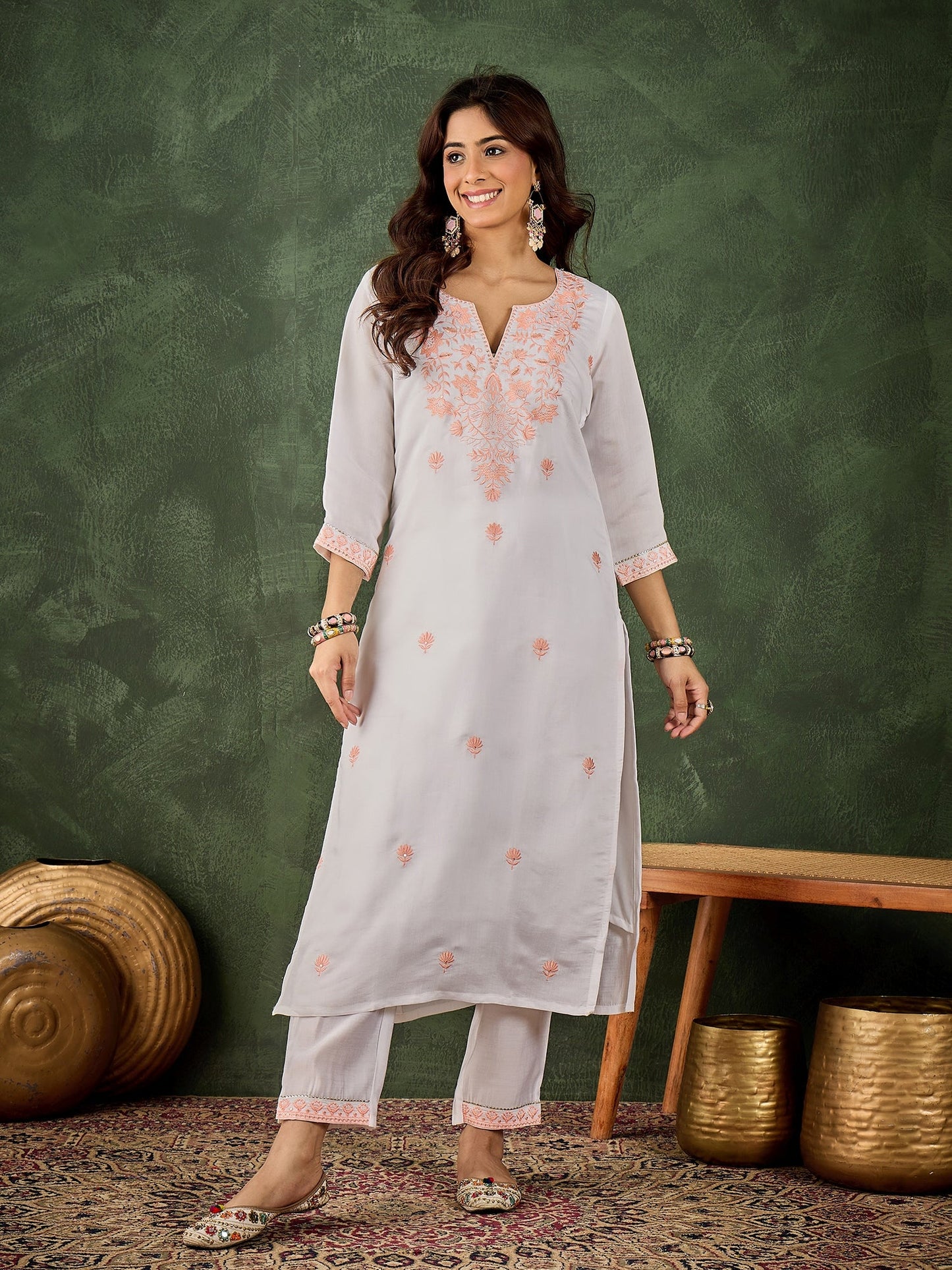 Rutu Women's Silk Blend Embroidered Straight Kurta & Pant Set - FitVibe Fashion