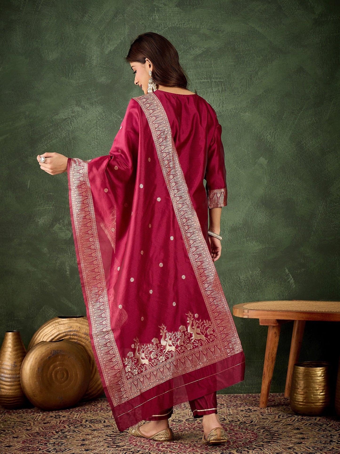 Roop Women's Silk Blend Banarasi Jacquard Zari Woven Straight Kurta Pant with Dupatta Set - FitVibe Fashion