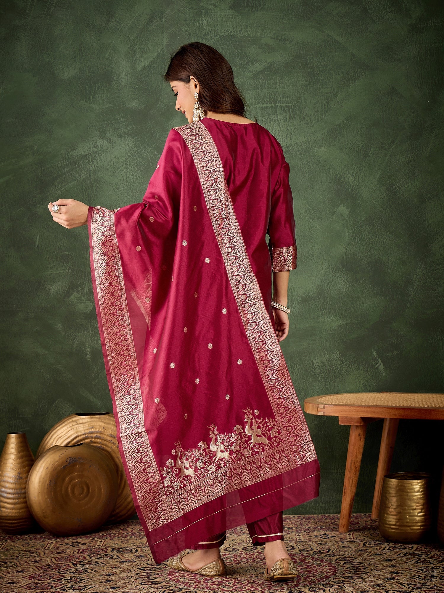 Roop Women's Silk Blend Banarasi Jacquard Zari Woven Straight Kurta Pant with Dupatta Set - FitVibe Fashion