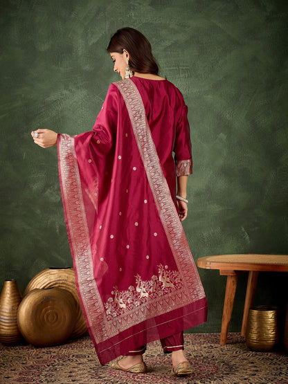 Roop Women's Silk Blend Banarasi Jacquard Zari Woven Straight Kurta Pant with Dupatta Set - FitVibe Fashion