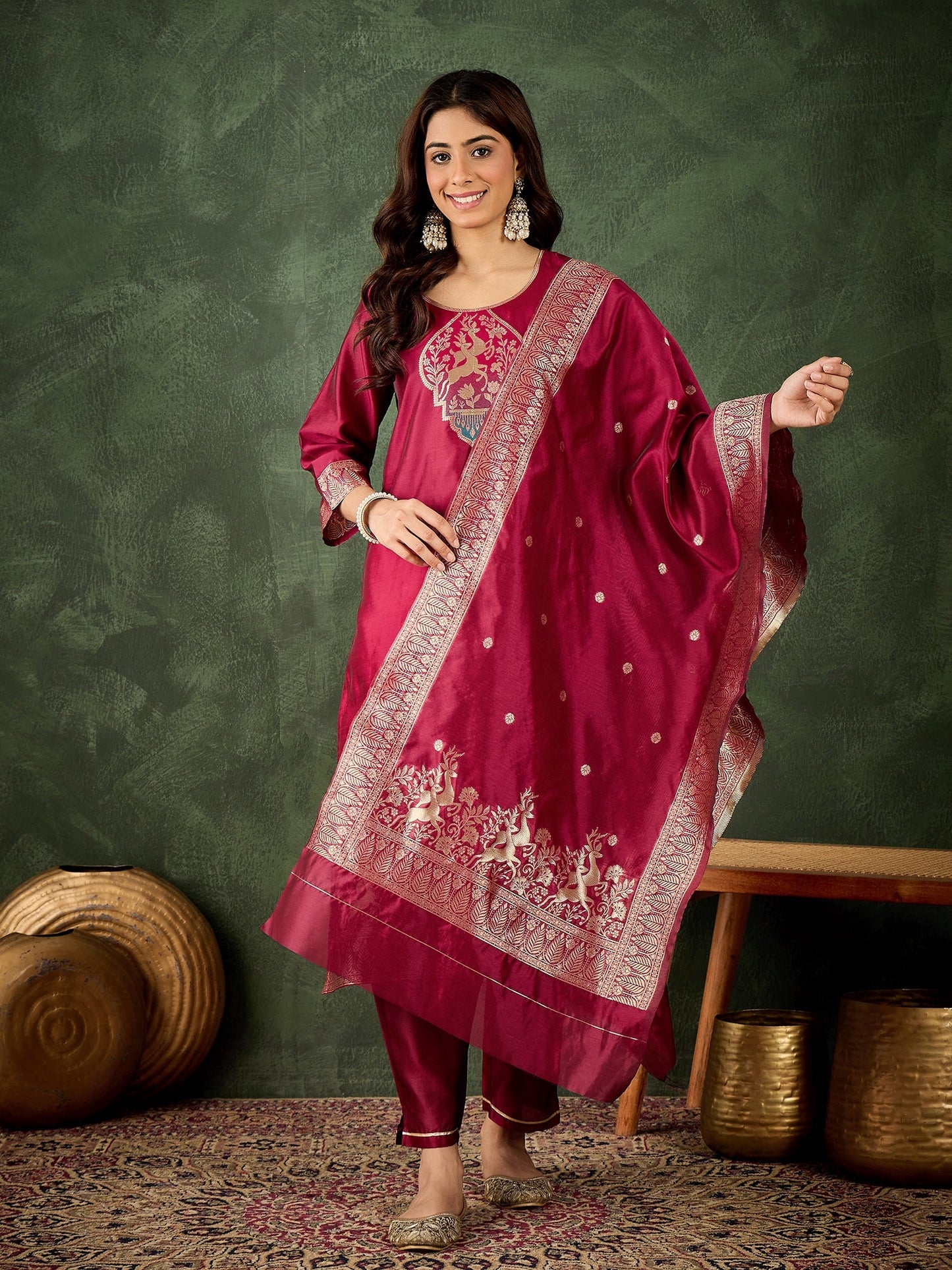 Roop Women's Silk Blend Banarasi Jacquard Zari Woven Straight Kurta Pant with Dupatta Set - FitVibe Fashion