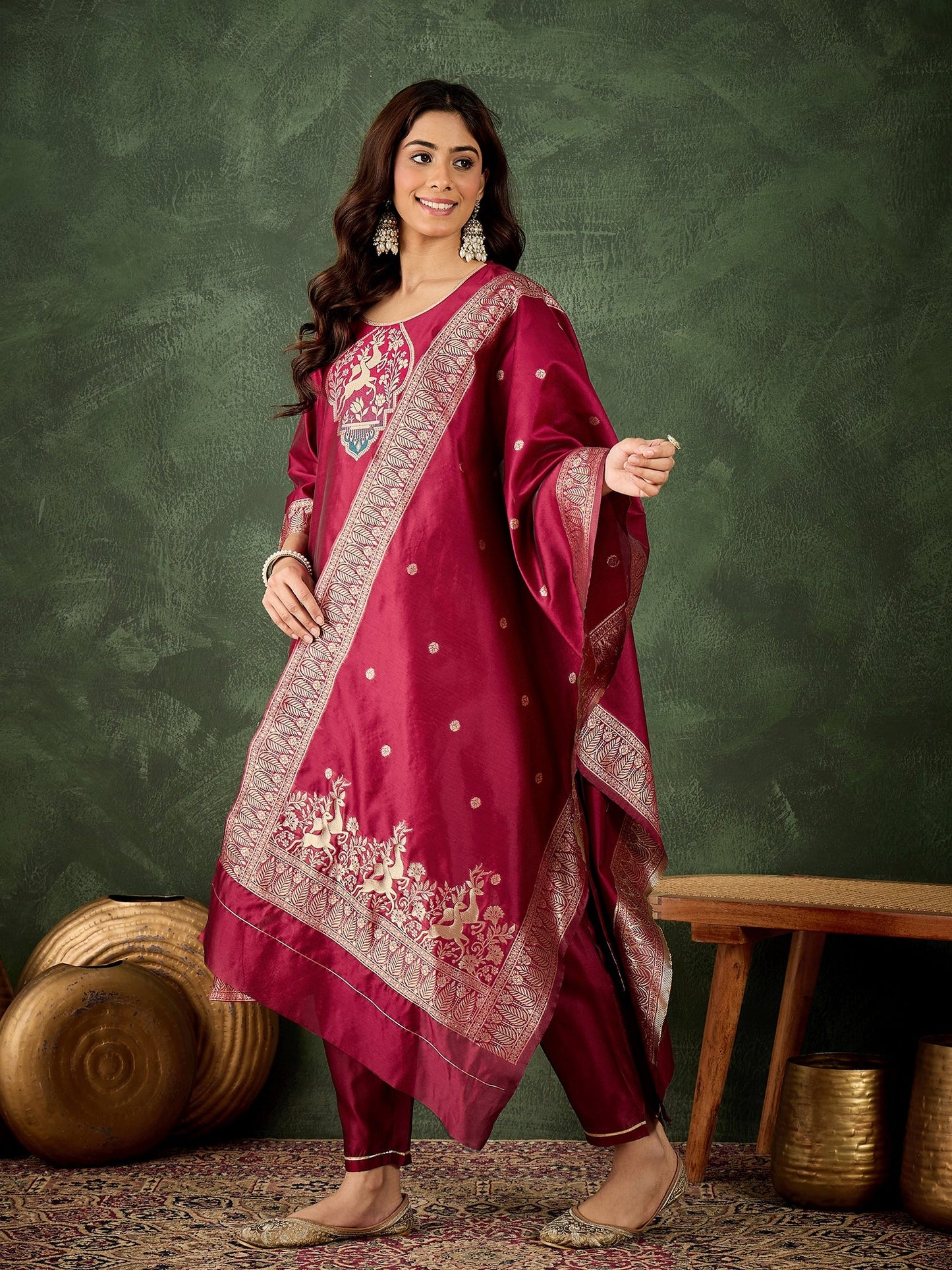 Roop Women's Silk Blend Banarasi Jacquard Zari Woven Straight Kurta Pant with Dupatta Set - FitVibe Fashion