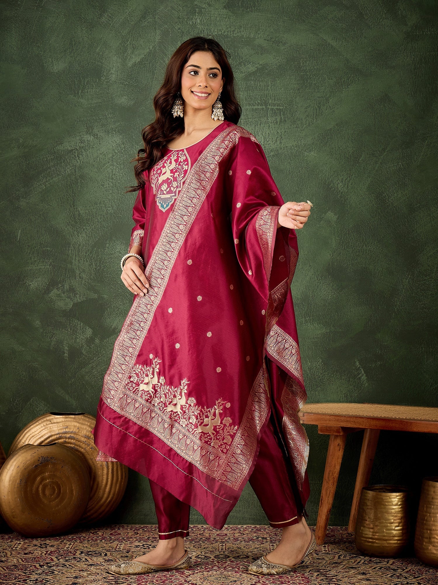 Roop Women's Silk Blend Banarasi Jacquard Zari Woven Straight Kurta Pant with Dupatta Set - FitVibe Fashion