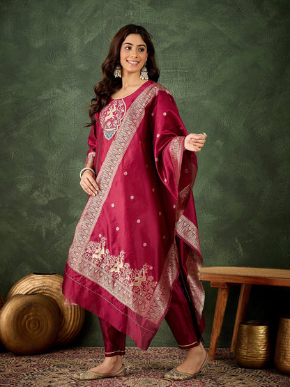 Roop Women's Silk Blend Banarasi Jacquard Zari Woven Straight Kurta Pant with Dupatta Set - FitVibe Fashion