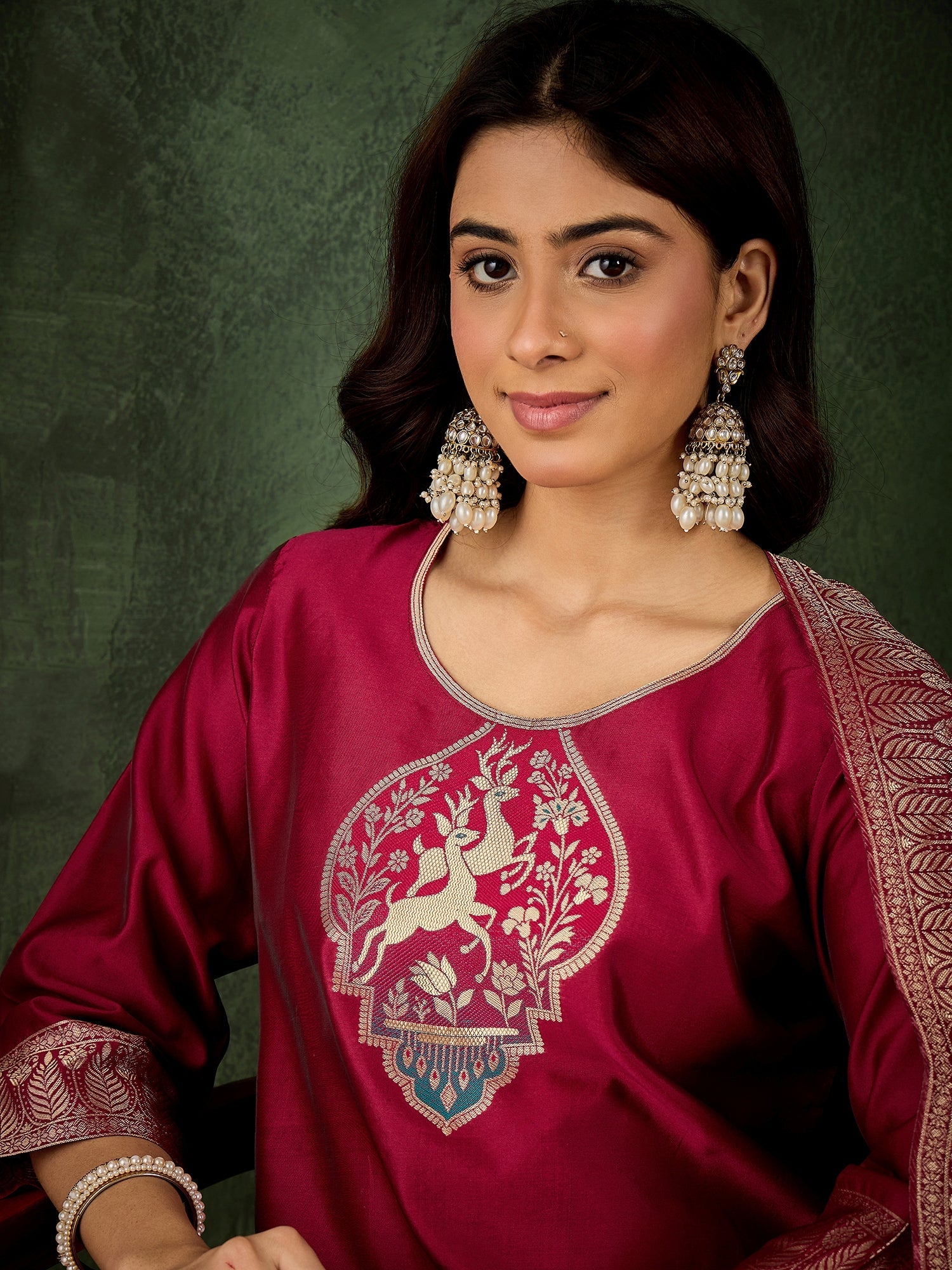 Roop Women's Silk Blend Banarasi Jacquard Zari Woven Straight Kurta Pant with Dupatta Set - FitVibe Fashion