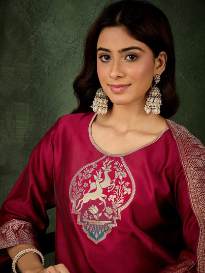 Roop Women's Silk Blend Banarasi Jacquard Zari Woven Straight Kurta Pant with Dupatta Set - FitVibe Fashion