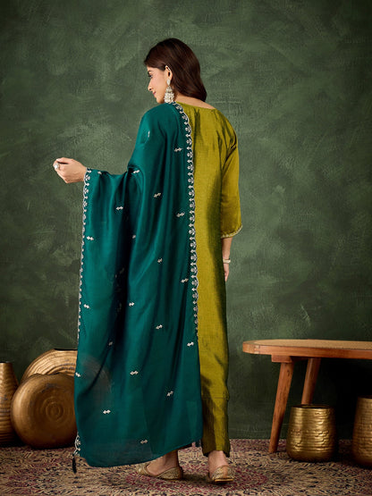 Women's Embroidered Silk Blend Kurta Pant Sets With Dupatta - FitVibe Fashion