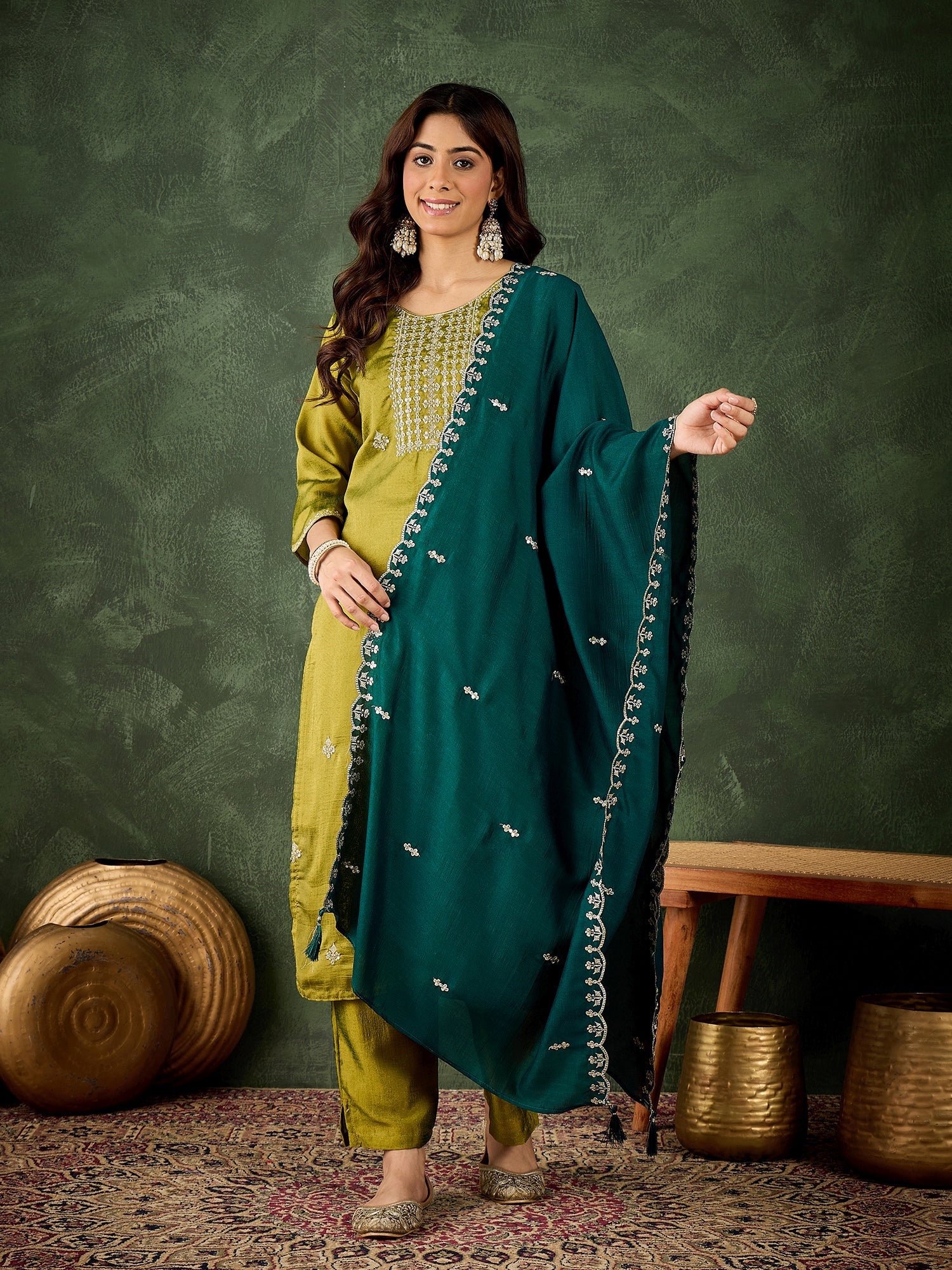 Women's Embroidered Silk Blend Kurta Pant Sets With Dupatta - FitVibe Fashion