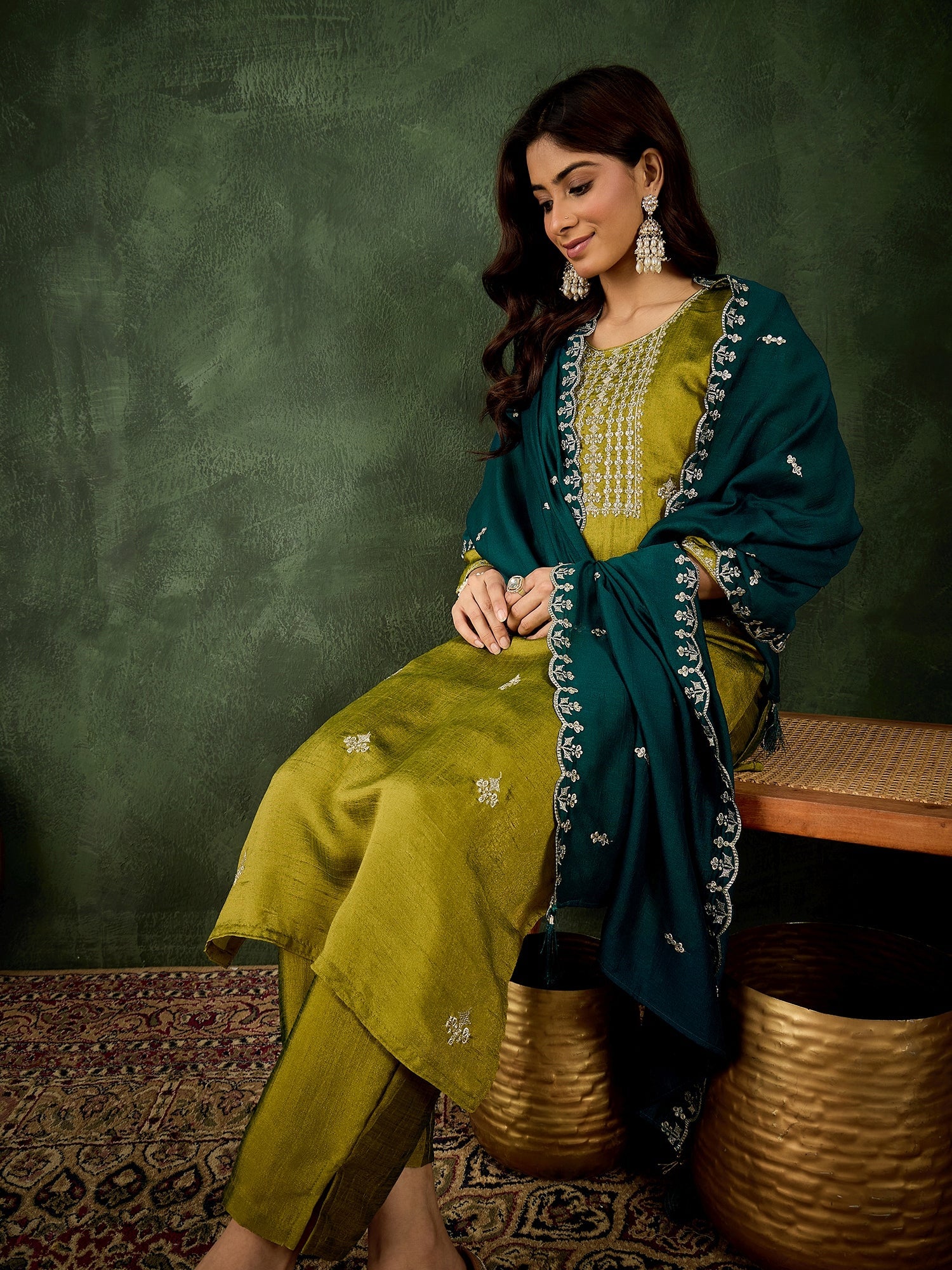 Women's Embroidered Silk Blend Kurta Pant Sets With Dupatta - FitVibe Fashion