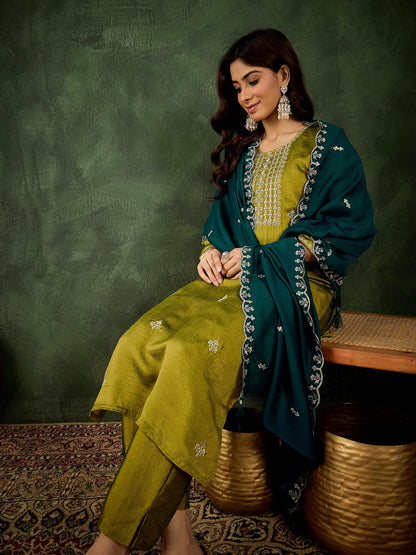 Women's Embroidered Silk Blend Kurta Pant Sets With Dupatta - FitVibe Fashion