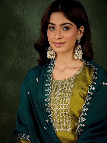 Women's Embroidered Silk Blend Kurta Pant Sets With Dupatta - FitVibe Fashion