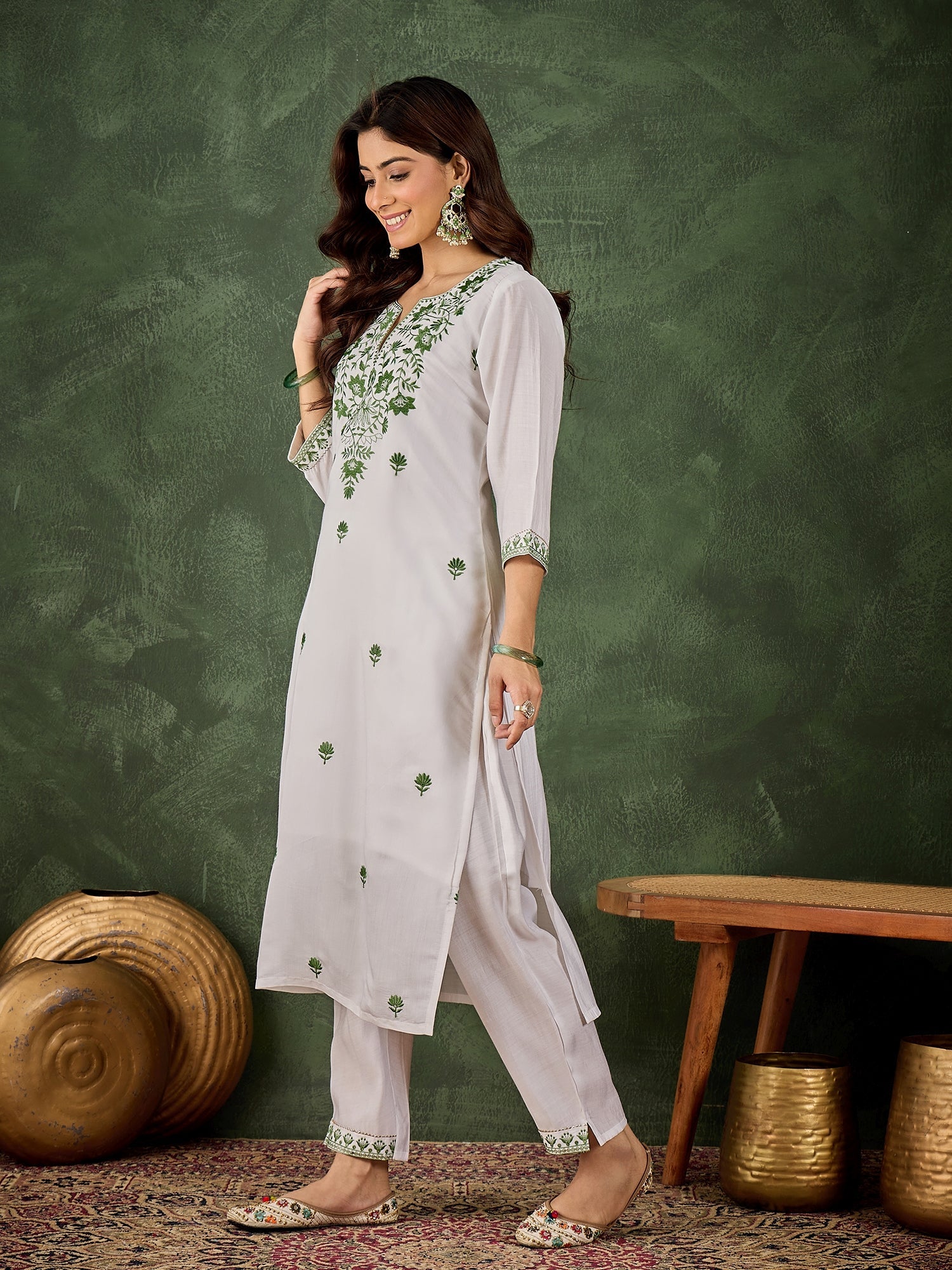 Rutu Women's Silk Blend Embroidered Straight Kurta & Pant Set - FitVibe Fashion