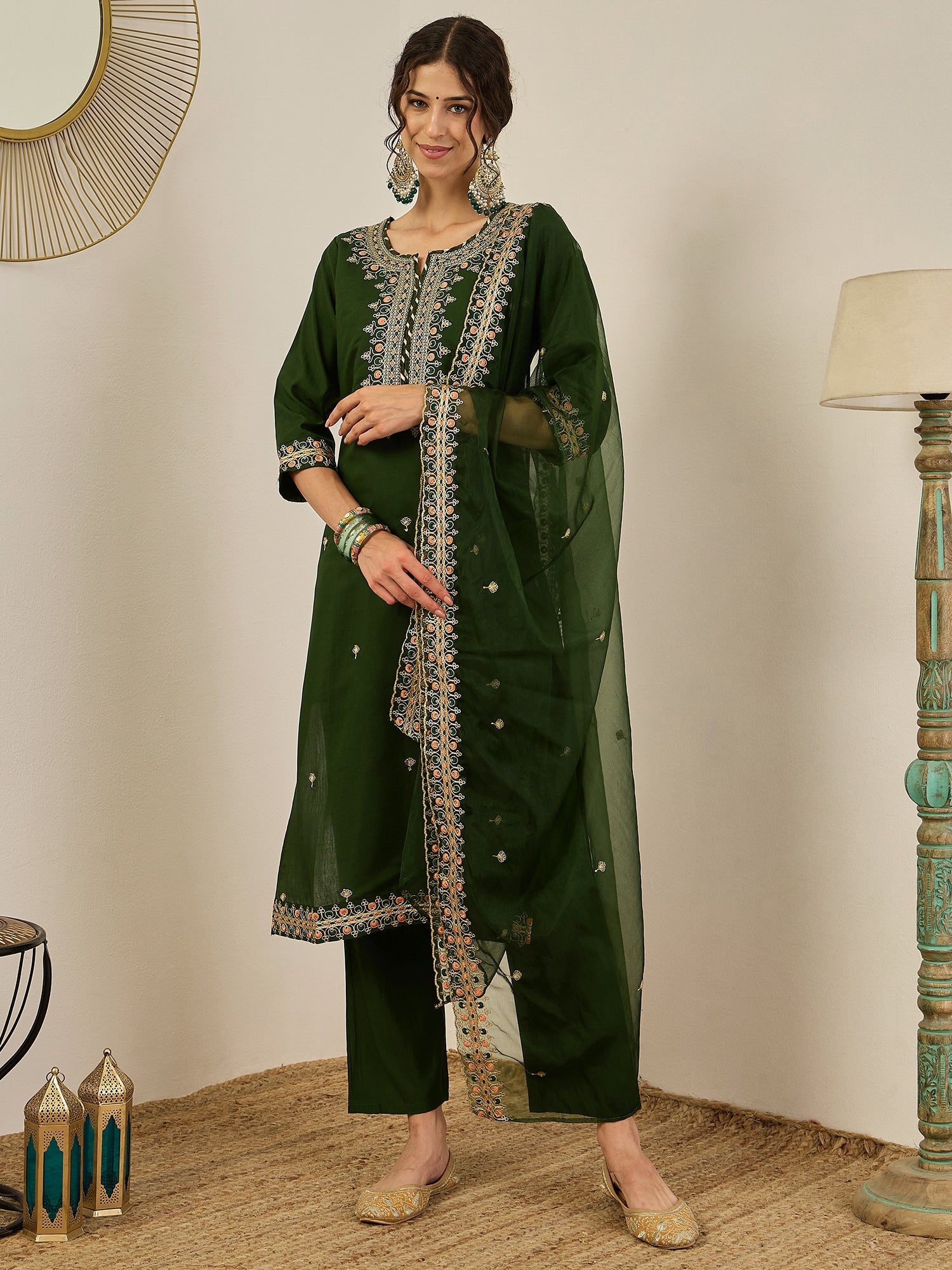 Varnita Women's Embroidered Silk Blend Calf Length Straight Kurta Trouser with Dupatta Set - FitVibe Fashion