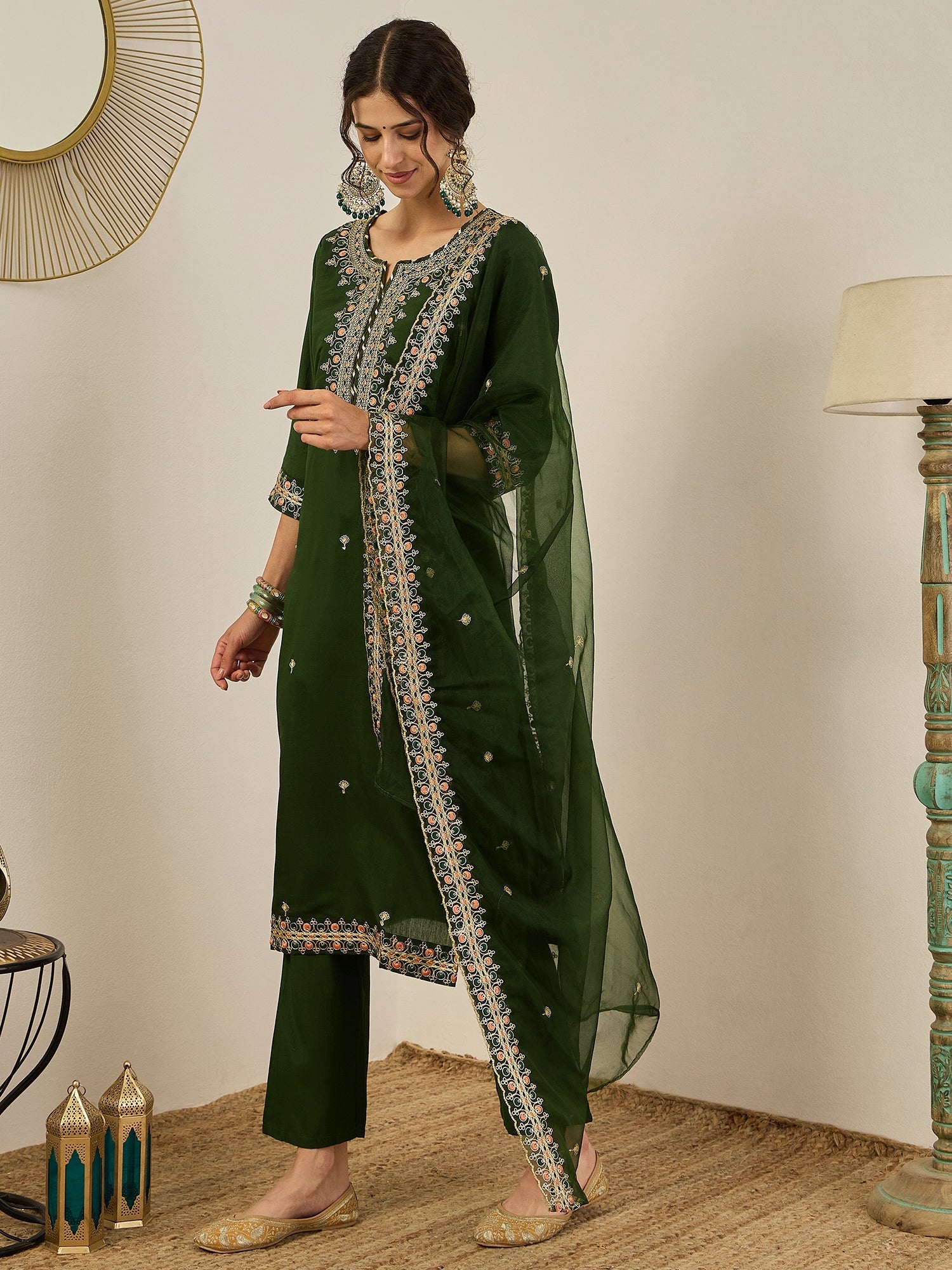 Varnita Women's Embroidered Silk Blend Calf Length Straight Kurta Trouser with Dupatta Set - FitVibe Fashion