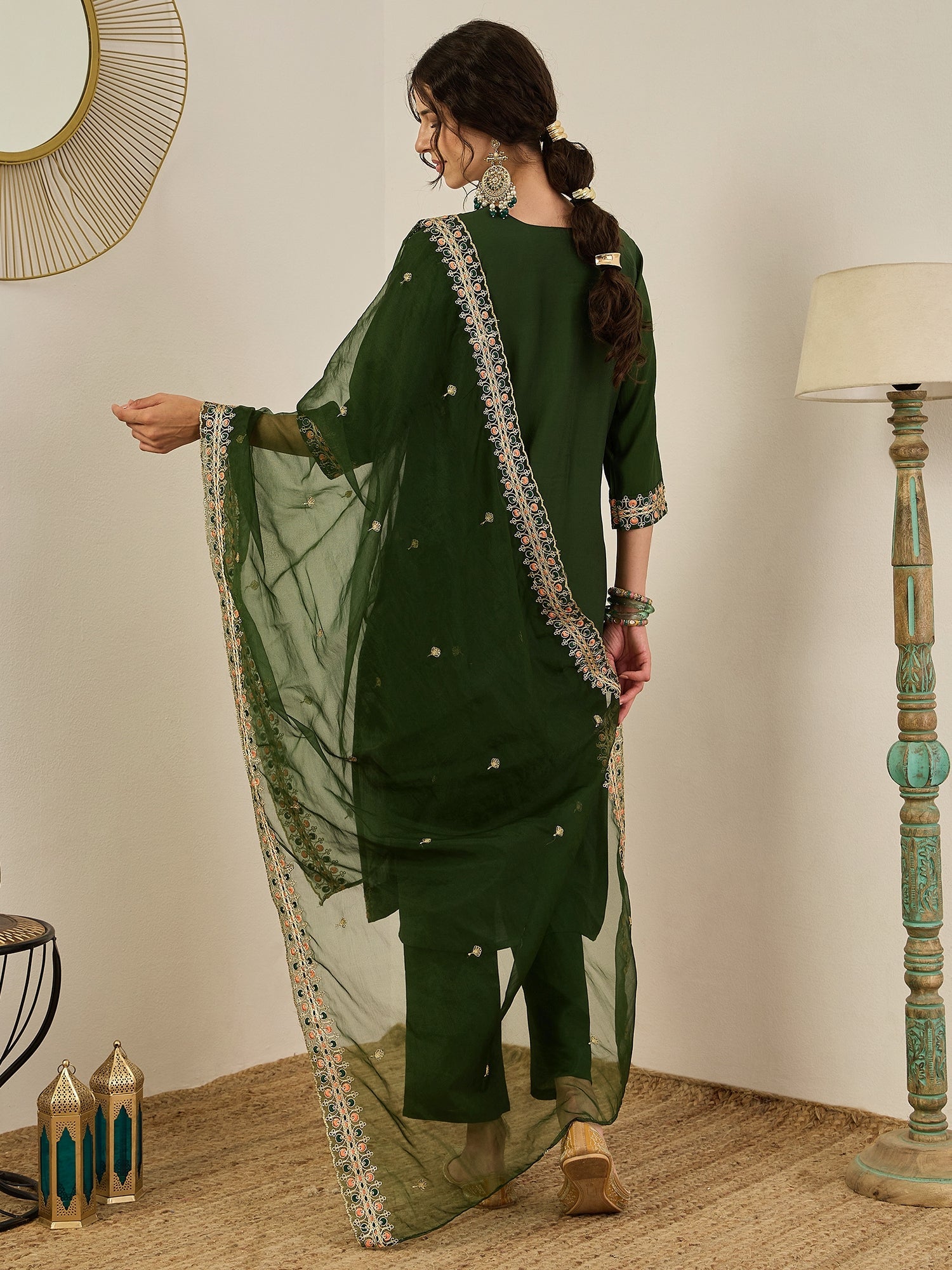 Varnita Women's Embroidered Silk Blend Calf Length Straight Kurta Trouser with Dupatta Set - FitVibe Fashion