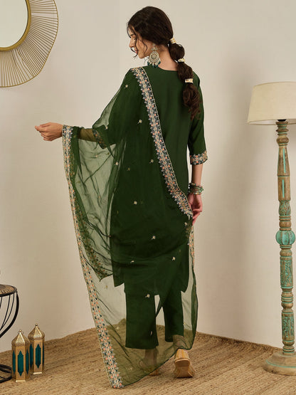 Varnita Women's Embroidered Silk Blend Calf Length Straight Kurta Trouser with Dupatta Set - FitVibe Fashion