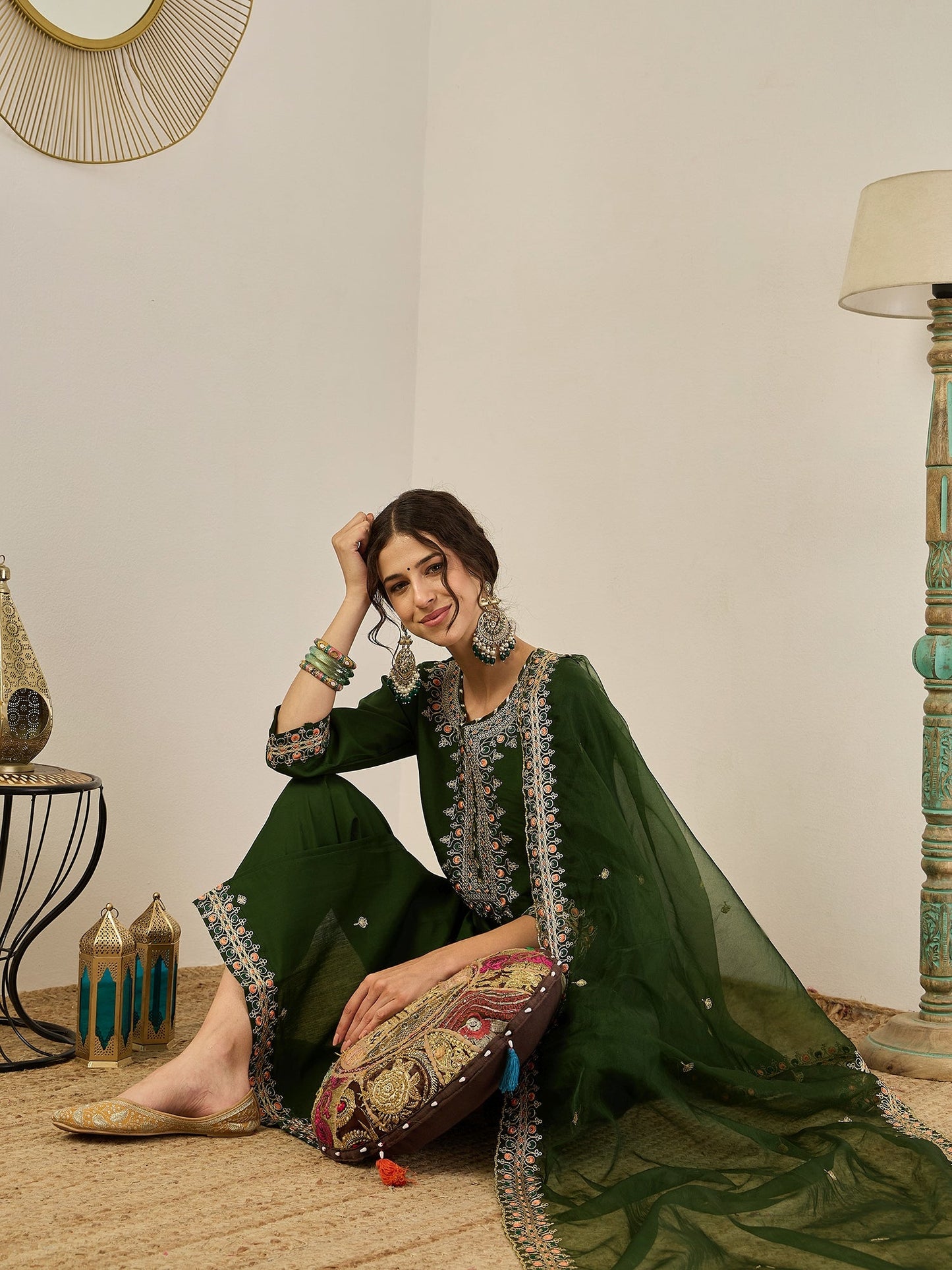 Varnita Women's Embroidered Silk Blend Calf Length Straight Kurta Trouser with Dupatta Set - FitVibe Fashion