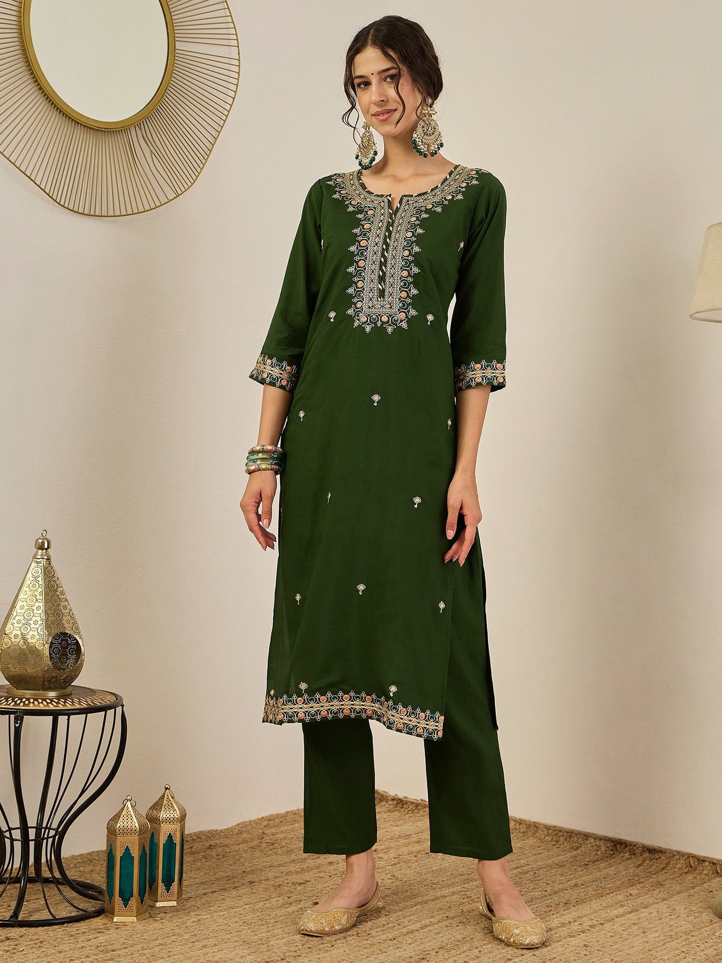 Varnita Women's Embroidered Silk Blend Calf Length Straight Kurta Trouser with Dupatta Set - FitVibe Fashion