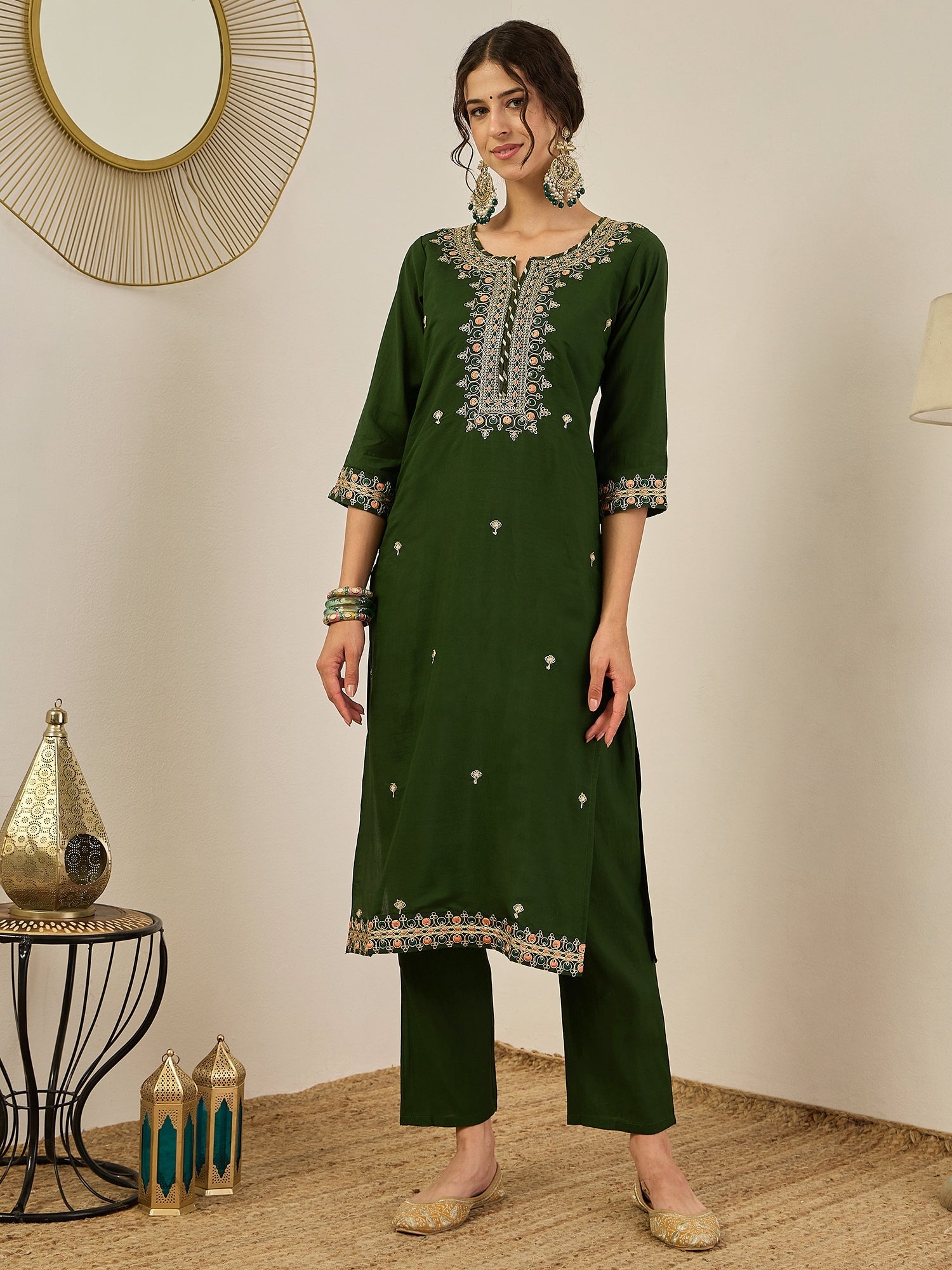 Varnita Women's Embroidered Silk Blend Calf Length Straight Kurta Trouser with Dupatta Set - FitVibe Fashion