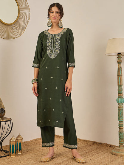 Tara Women’s Viscose Rayon Kurta Pant Set Embroidered Ethnic Wear with Organza Dupatta - FitVibe Fashion