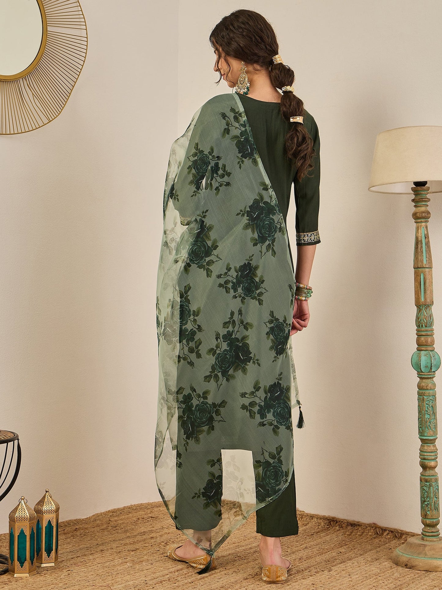 Tara Women’s Viscose Rayon Kurta Pant Set Embroidered Ethnic Wear with Organza Dupatta - FitVibe Fashion