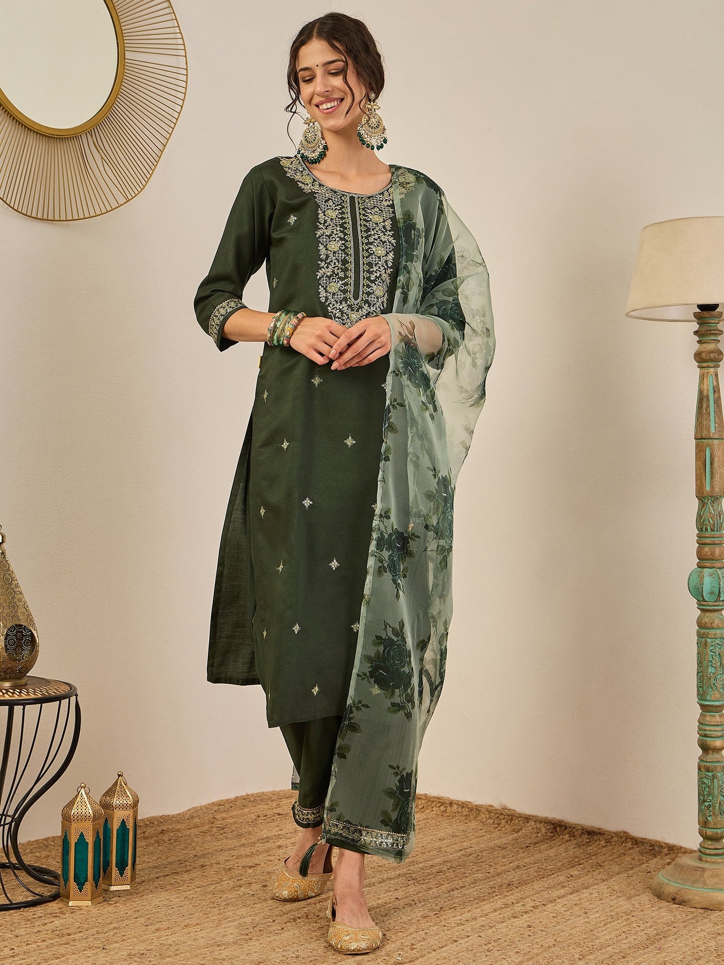 Tara Women’s Viscose Rayon Kurta Pant Set Embroidered Ethnic Wear with Organza Dupatta - FitVibe Fashion