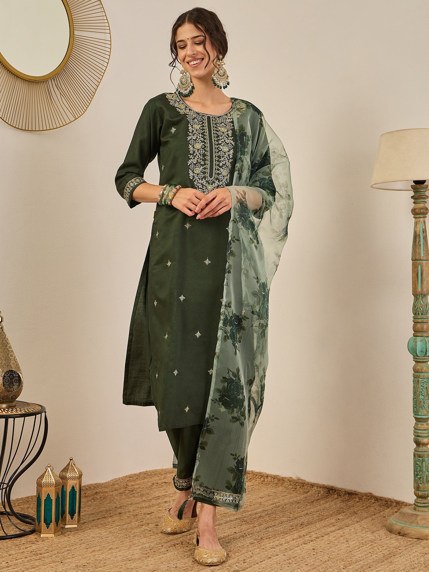 Tara Women’s Viscose Rayon Kurta Pant Set Embroidered Ethnic Wear with Organza Dupatta - FitVibe Fashion