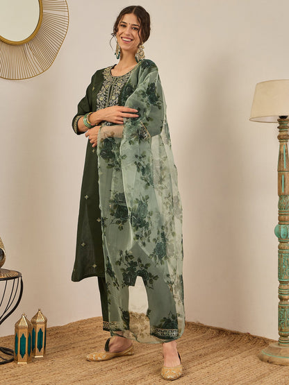 Tara Women’s Viscose Rayon Kurta Pant Set Embroidered Ethnic Wear with Organza Dupatta - FitVibe Fashion