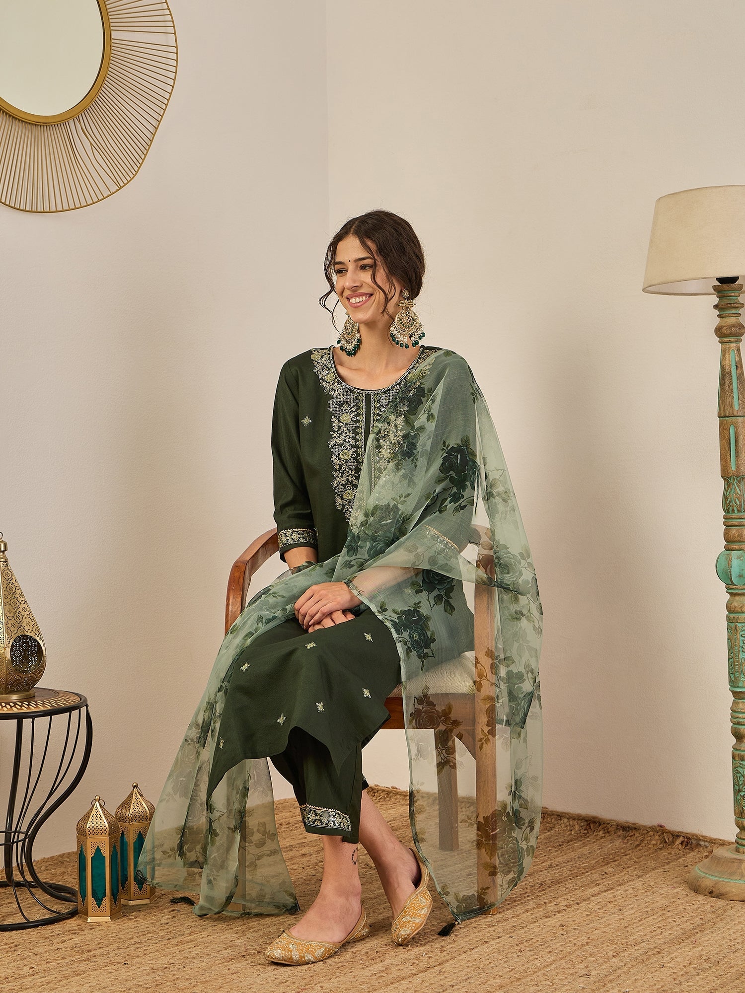 Tara Women’s Viscose Rayon Kurta Pant Set Embroidered Ethnic Wear with Organza Dupatta - FitVibe Fashion