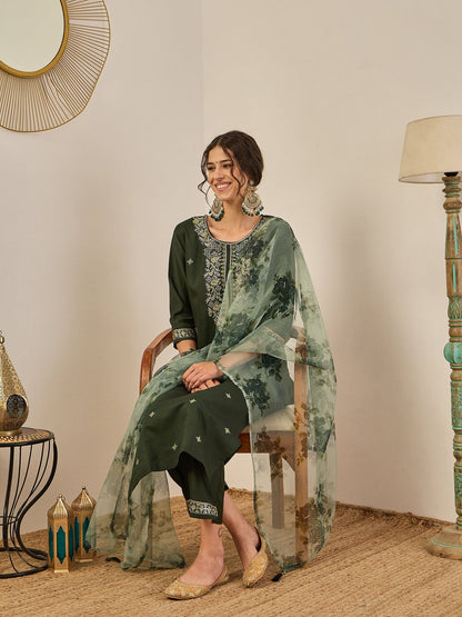 Tara Women’s Viscose Rayon Kurta Pant Set Embroidered Ethnic Wear with Organza Dupatta - FitVibe Fashion