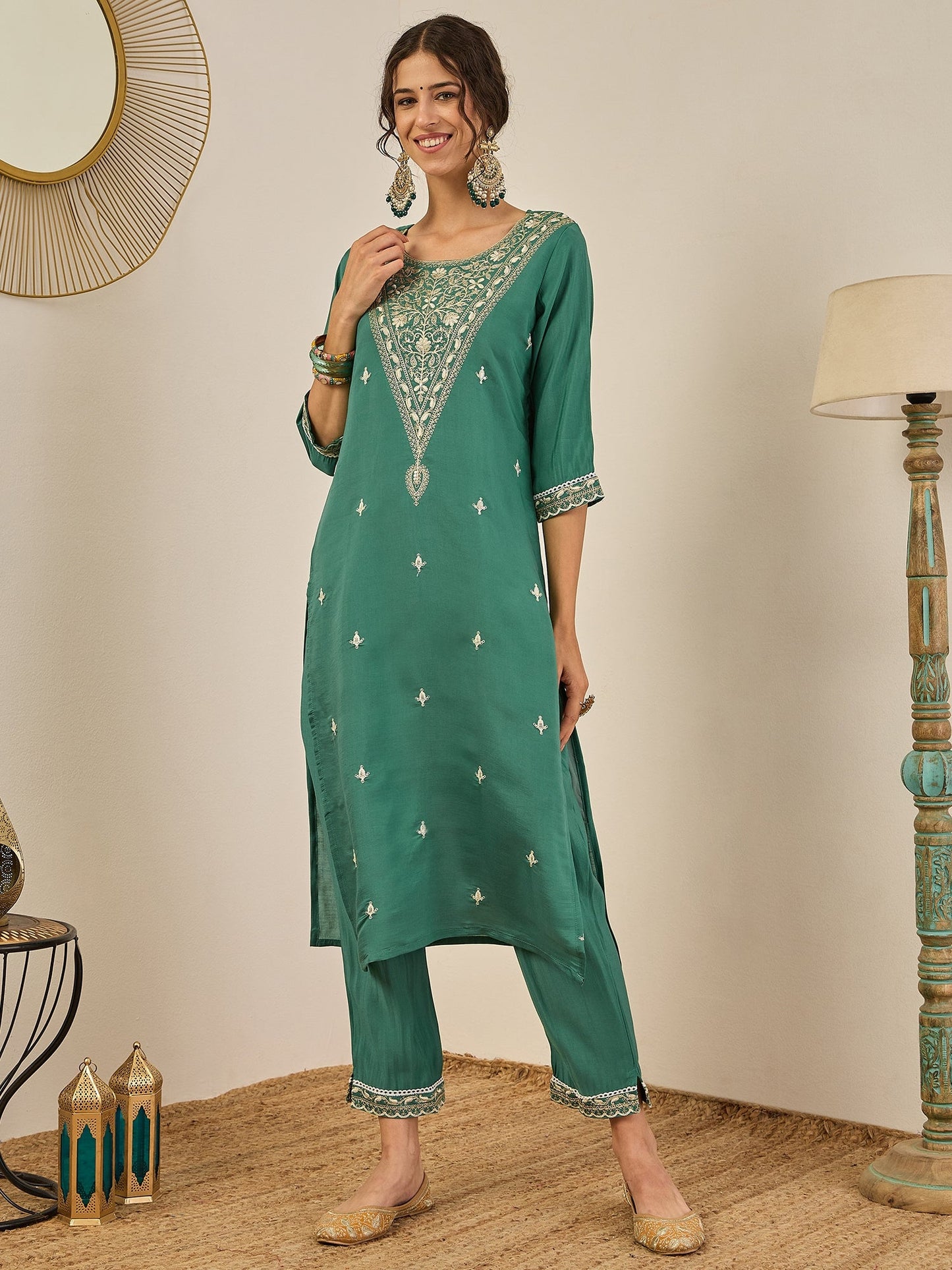 Ojaswi Teal Embroidered Silk Blend Straight Suit With Dupatta - FitVibe Fashion