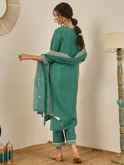 Ojaswi Teal Embroidered Silk Blend Straight Suit With Dupatta - FitVibe Fashion