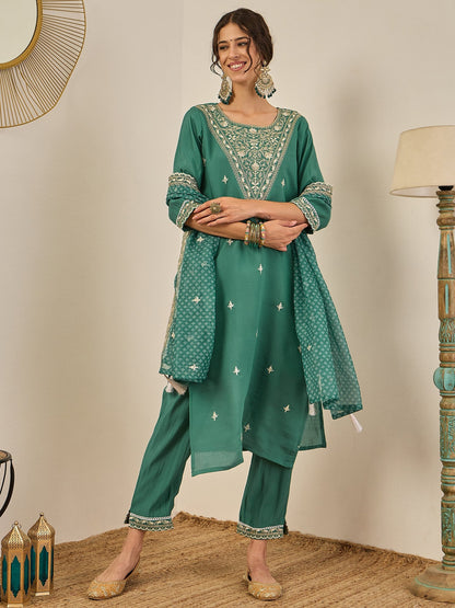Ojaswi Teal Embroidered Silk Blend Straight Suit With Dupatta - FitVibe Fashion