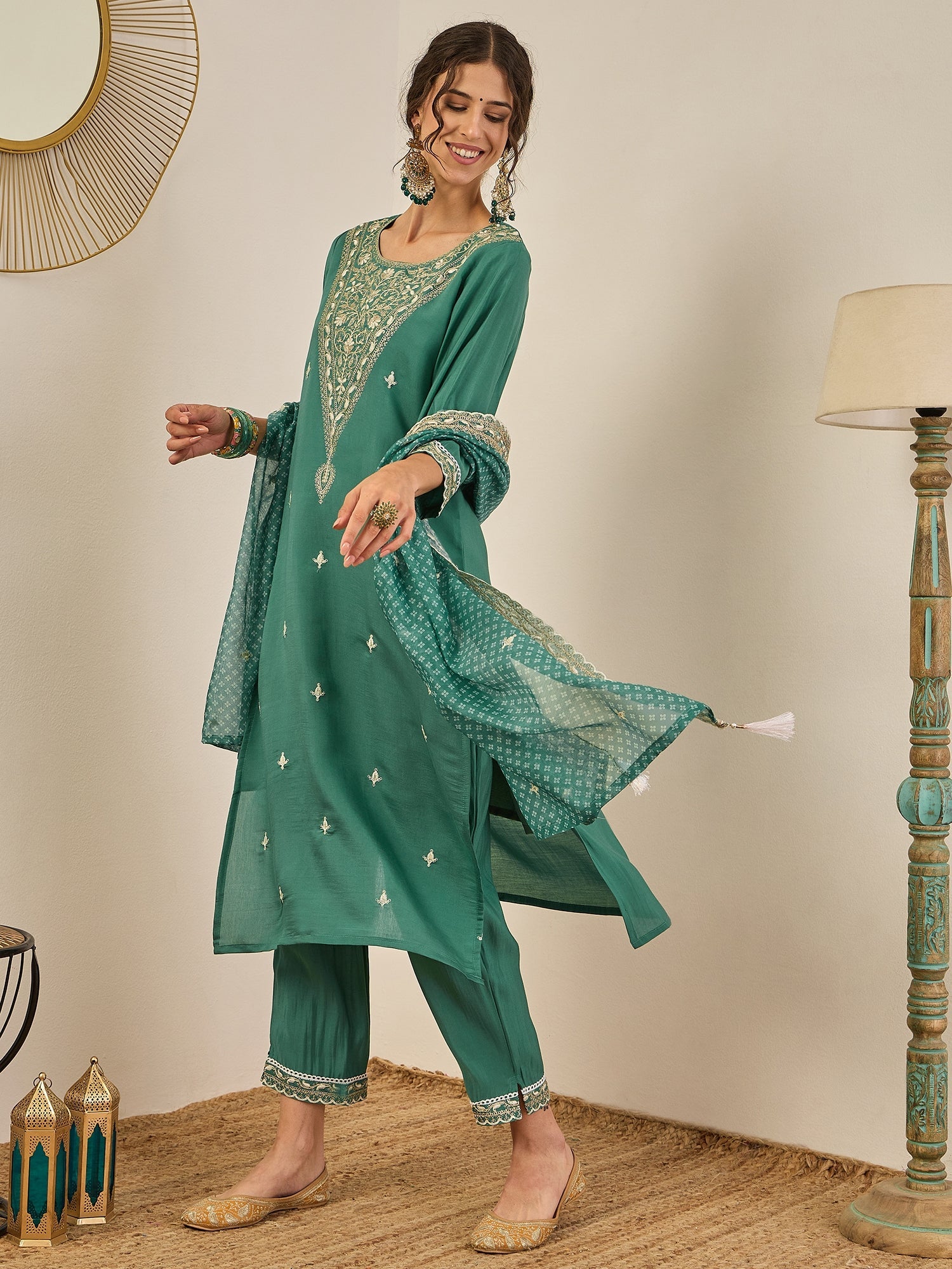 Ojaswi Teal Embroidered Silk Blend Straight Suit With Dupatta - FitVibe Fashion